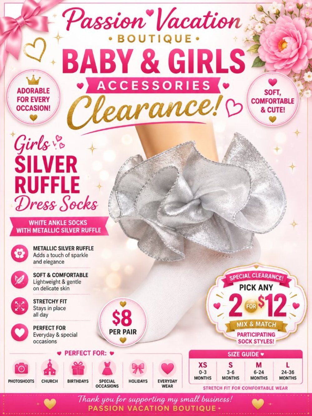 Girls White Silver Ruffle Lace Dress Socks | Cotton Blend | Size S 1–3 Years